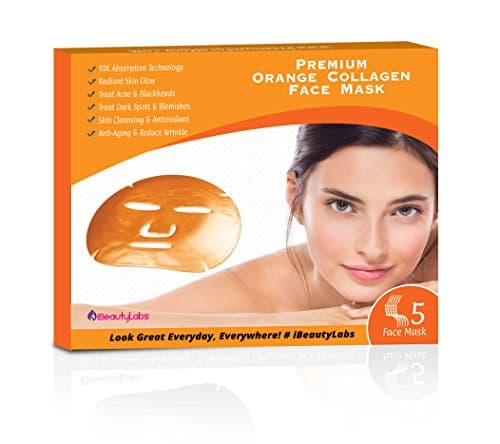 Orange Collagen Skin Treatment Face Mask By iBeautyLabs - Anti Aging, Moisturizing, Rejuvenating, Cleansing & Antioxidant - Erase Spots & Blemishes - 10x Absorption - For All Skin Types - Pack Of 5