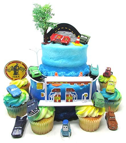 Cars Radiator Springs City Scape Birthday Cake Topper Set Featuring Random Cars Figures And Radiator Springs Decorative Themed Accessories