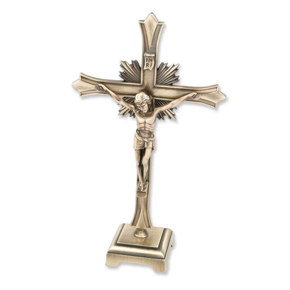 Standing Cross Crucifix Metal Antique Gold Christ Body Radiation Wreath & INRI 20 cm Altar Cross Home Care Home Death Cross for Hospitz