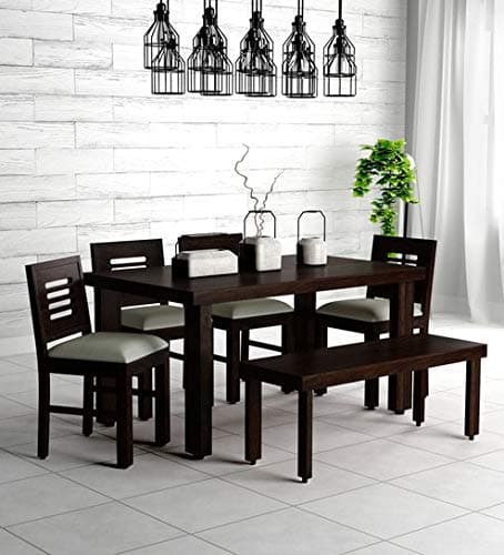 PR Furniture Solid Sheesham Wood Six Seater Dining Set | 1 Table, 4 Chairs, 1 Bench, Dining Room Furniture | Finish Type :- Walnut Finish | Cushion- Grey |