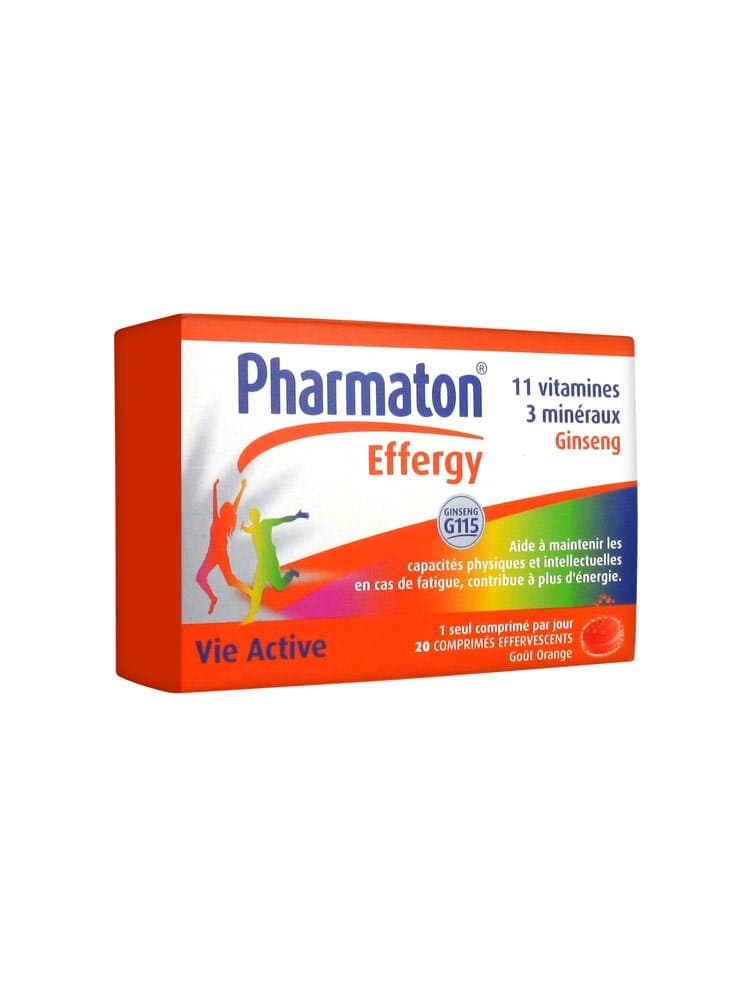 Pharmaton Effergy, Fatigue, Physical and Intellectual Overwork, Stress and Convalescence Effervescent Orange Flavor Vitamins Box of 20 Tablets
