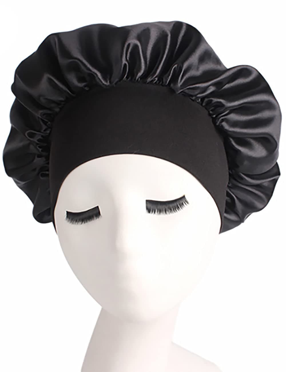 Harewom Satin Bonnet for Curly Hair Sleeping Wide Band Bonnets for Women Satin Shower Cap Black