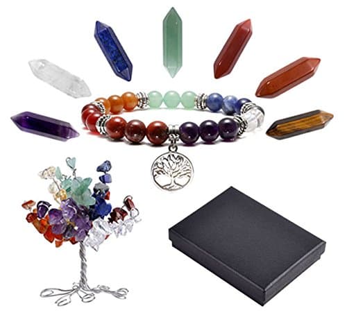 QGEM 7 Chakra Gems Tree of Life Set,Money Tree + 7 Chakra Column Hexagonal Crystals + Chakra Brarcelet Tree Pendant Reiki Healing Feng Shui Spiritual Decor Ornaments