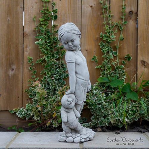 Garden Ornaments by Onefold CH11 Girl with Teddy Stone Garden Statue, Grey, 16x25x53 cm
