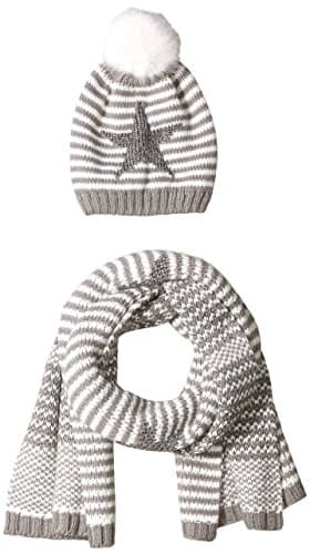 Orchid Row Women's Stars and Stripes Shine Knit Scarf and Beanie Cold Weather Set Gray/Ivory O/S