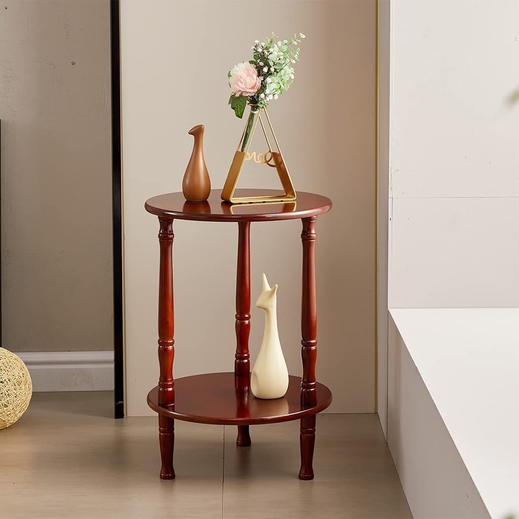 Round Side Table, 2-Tier End Table for Small Spaces, Wooden Coffee Table With Wood Legs (Walnut)