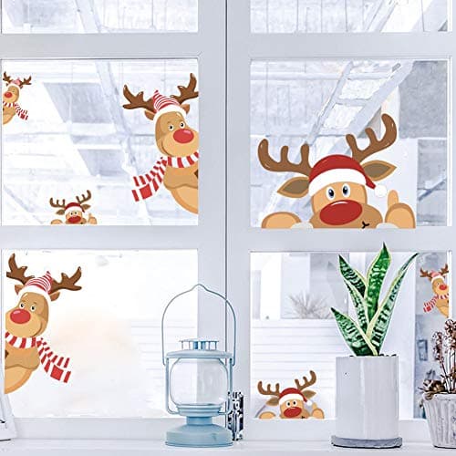 IARTTOP Christmas Reindeer Wall Decal，Happy Cartoon Reindeer Wall Mural Removable DIY Vinyl Door Sticker for Showcase，Christmas Window Clings,Christmas Nursery Home Decorations