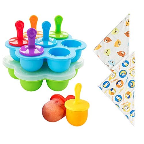 2-Pack Silicone Ice Popsicle Pop Molds, 7-Hole Egg Bites Molds, Non-Stick Ice Pop Maker, Food Grade Baby Food Storage Freezer Trays with 7 colorful BPA-Free Plastic Sticks