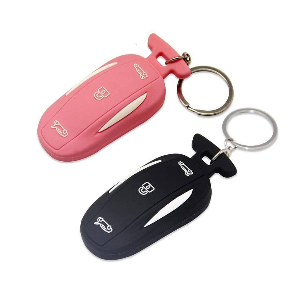 Silicone Car Key Ring, 2 Packs Key Fob Case Cover Holder for Tesla Model X (Pink+Black)