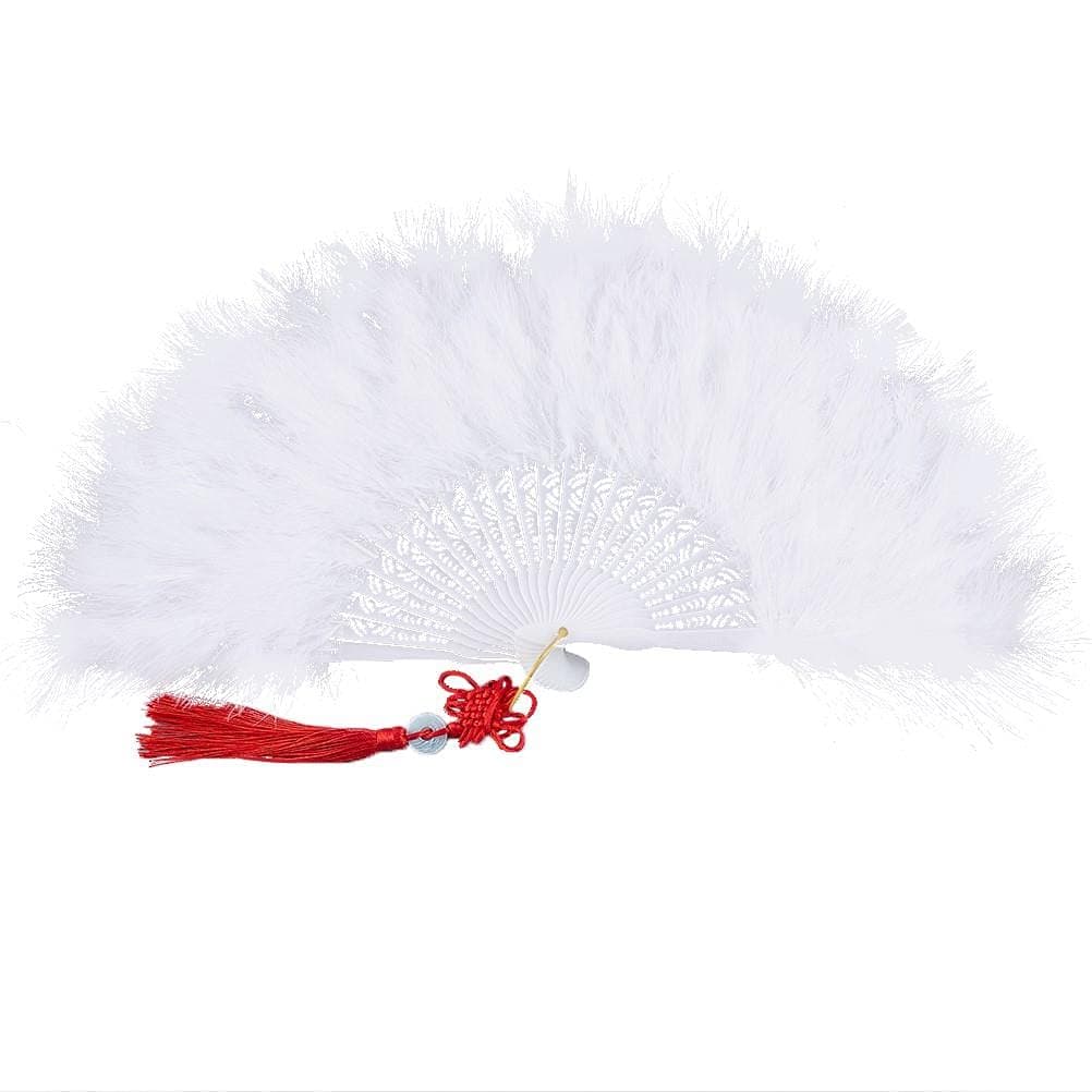 TIANTIAN Feather Folding Fan Vintage Style Folding Handheld Fan Goose Wool Feather Hand Fan Photographing Props Dance Fan for Wedding Party Decoration Cheongsam White