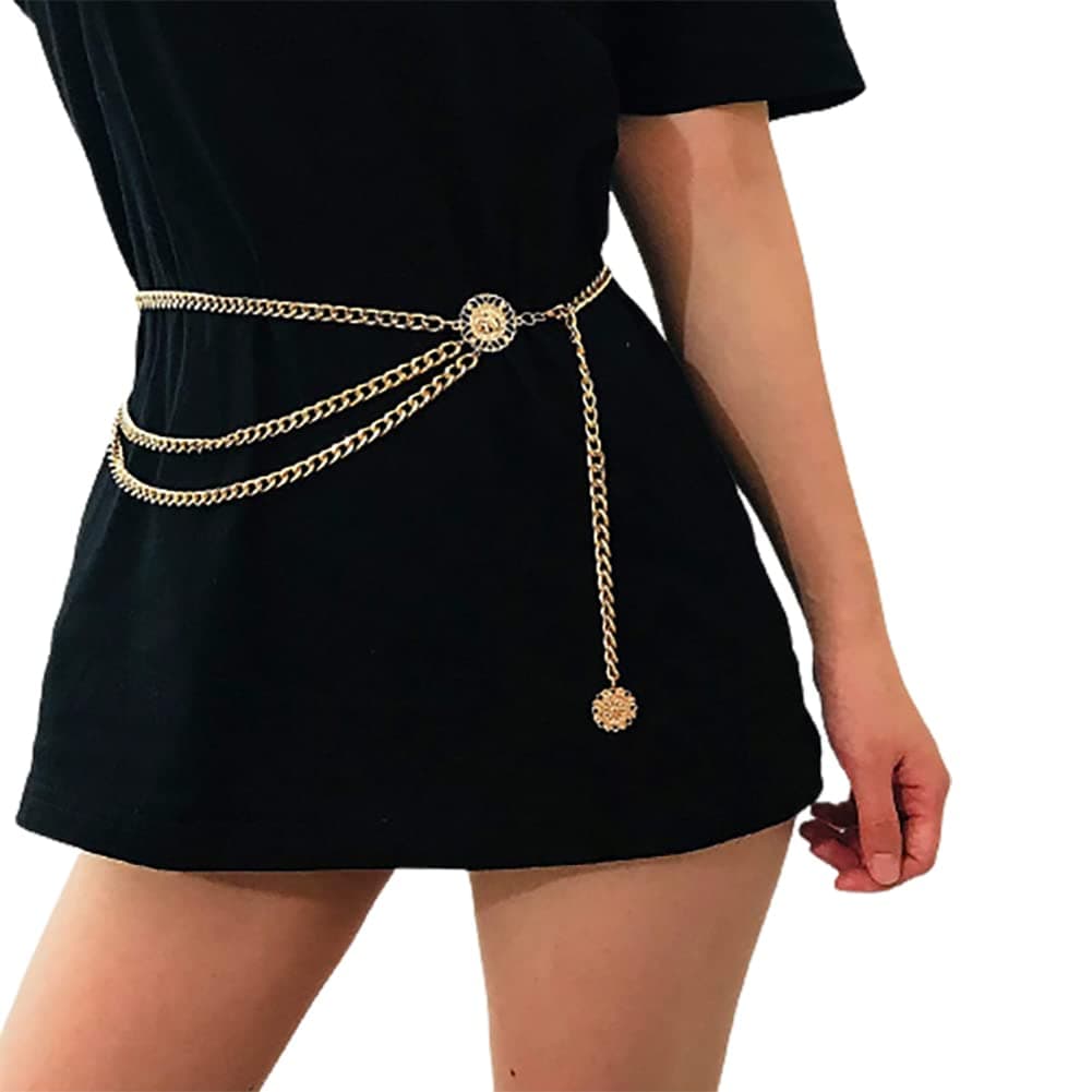 KnourceMultilayer Metal Waist Chain Belt for Women, Adjustable Women Long Belt Body Belly Jewelry for Dresses Jeans Trousers