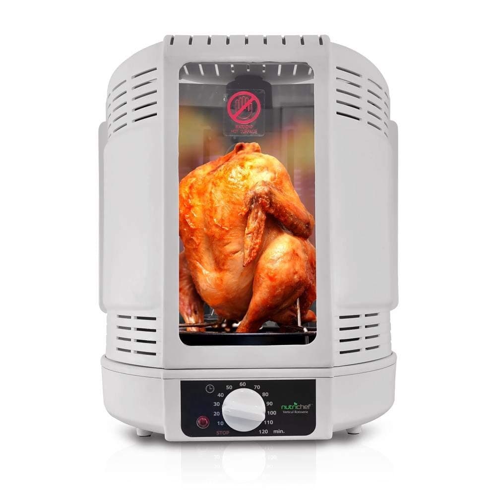 NutriChef Vertical Rotisserie Oven Roaster - Rotating Shawarma/Kebab Machine with Skewer and Rack, Basket Tower, Roasting Rack, Poultry Tower, Drip Tray - For Meat Chicken Turkey Lamb - PKRT15 White