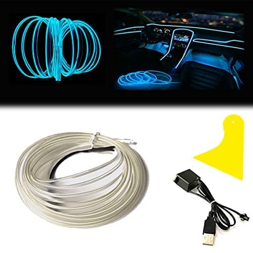 El Wire Ice Blue Interior Car LED Strip Lights, 3M Neon Wire USB 5V with Fuse Protection for Automotive Interior Decoration, with 6mm Sewing Edge
