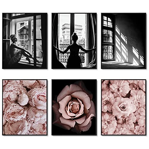 Romantic Roses Fashion Wall Art Prints Set of 6 Black and White Pink Minimalist Wall Art Canvas Painting Posters Prints Poster Set for Living Room Bedroom Home Decor (11"x14" UNFRAMED)