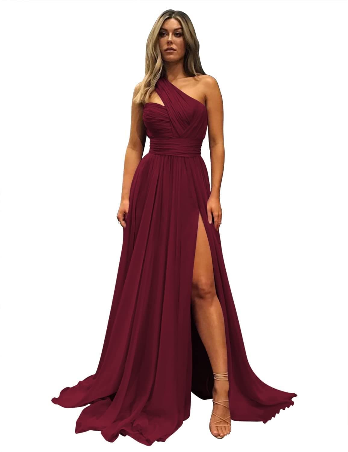 MorboreOne Shoulder Chiffon Bridesmaid Dresses Long Slit Ball Gown Formal Evening Dress with Pocket