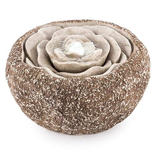 blumfeldt Rosewater - Ornamental fountain, Garden fountain, 2 Watt pump, IP44, No water connection necessary, LED, Polyresin-sand mixture, Design: rose blossom, Natural stone look, Brown
