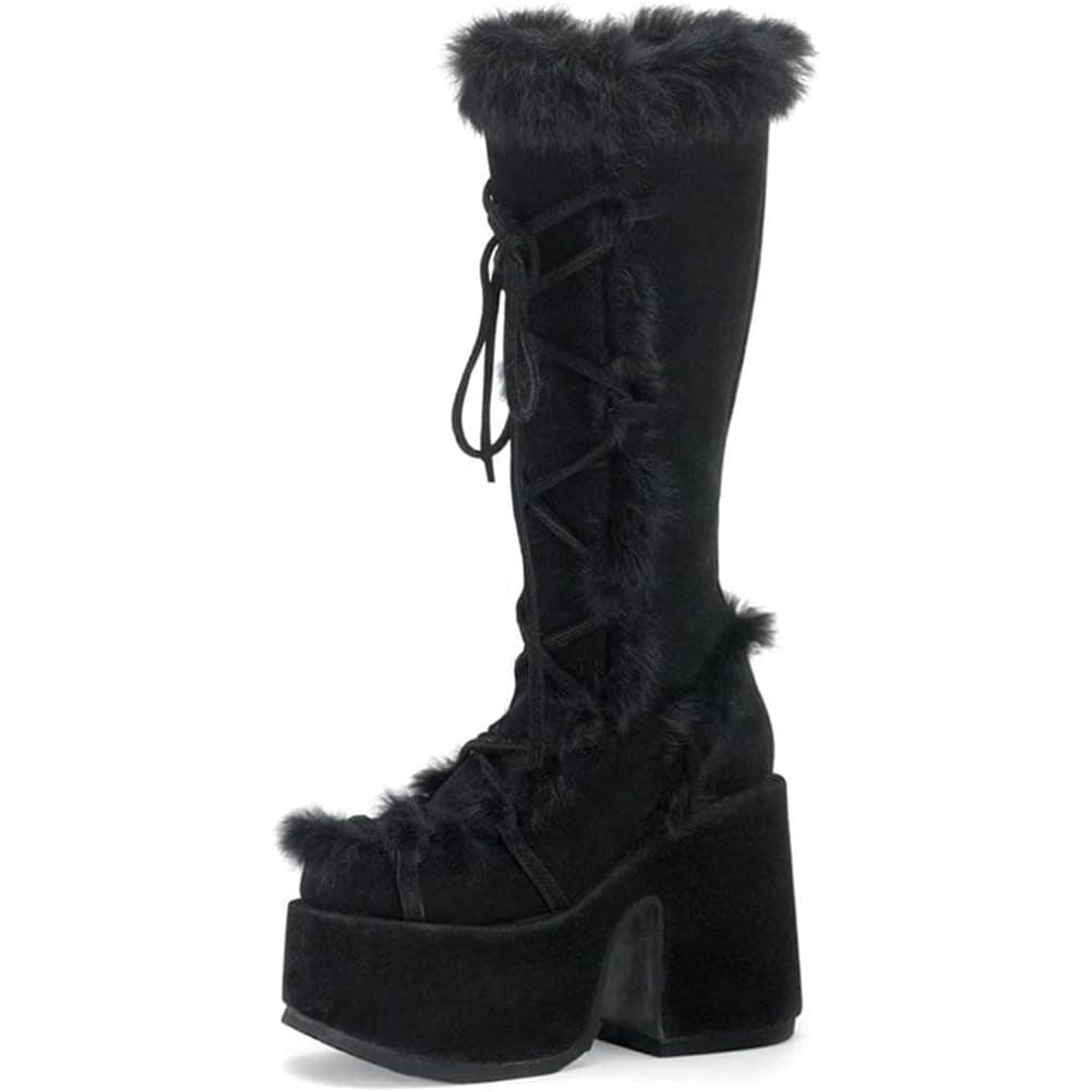 CELNEPHOKnee High Boots For Womens Side Zipper Warm Faux Fur Platform Chunky Heel Punk Goth Walking Winter Snow Boots