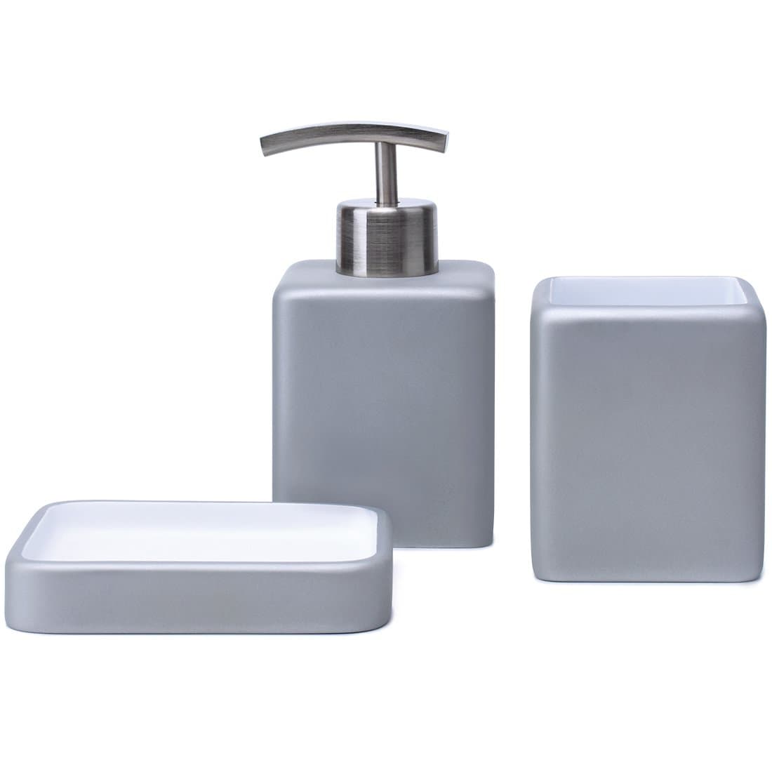 Satu Brown Bathroom Accessories Set Bathroom Soap Dispenser, Tumbler, Soap Dish 3 Pieces Bathroom Sets for Décor and Home Gift (Grey)