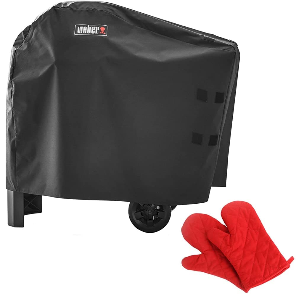 Weber 7181 Pulse 2000 with Cart Premium Grill Cover Bundle with Deco Essentials Pair of Red Heat Resistant Oven Mitt