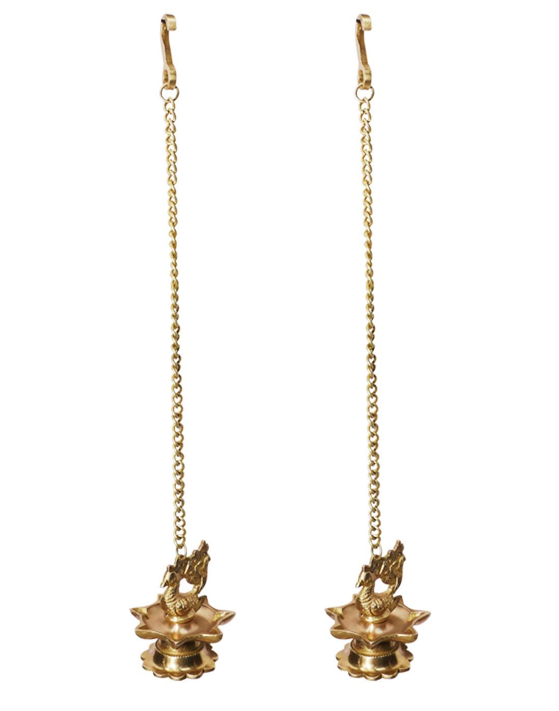 Traditional Brass Hanging Peacock Diya with Chain 16 Inches | Deepak | Oil Lamp | Pack of 2