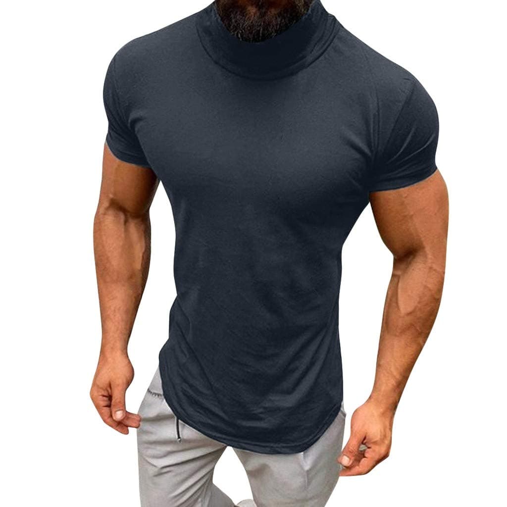 Mens Muscle Short Sleeve T Shirt Turtleneck Slim Fit Basic Tops Gym Workout Athletic Tee Shirt Top Blouse(A)