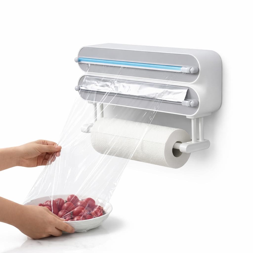 Magnetic Wrap Dispenser with Cutter, 3-in-1 Kitchen Organizer for Plastic Wrap, Aluminum Foil & Paper Towel Holder, Sliding Cutter, Fridge or Wall Mount Storage, Includes Plastic Wrap and Foil