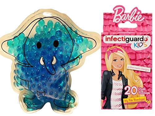 Best Pain Relieve, Fever Reducer & Bruise Aide Cold Ice Pack & Hot Compress for Children Animal Shape Gel Beads and 20 Count Licensed Barbiel Bandage (Elephant with Marvel