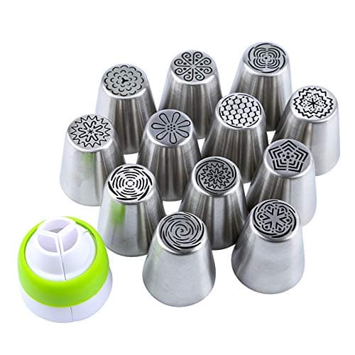 KTTGYRE Russian Piping Nozzles Tips Stainless Steel Cake Flower Piping Tips Decorations Tools Set with 1 Coupler Syringe Pack of 12