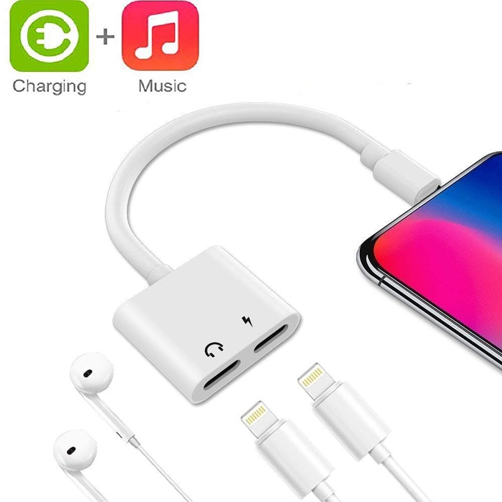 LYZZO Adapter and Splitter for iPhone 7/7 Plus/8/8 Plus/X/Xs, 2 in 1 Headphone Jack Aux Audio & Charger Adapter Cable at The Same time Data Sync Call Function (White), 13 * 7.6 * 0.25CM