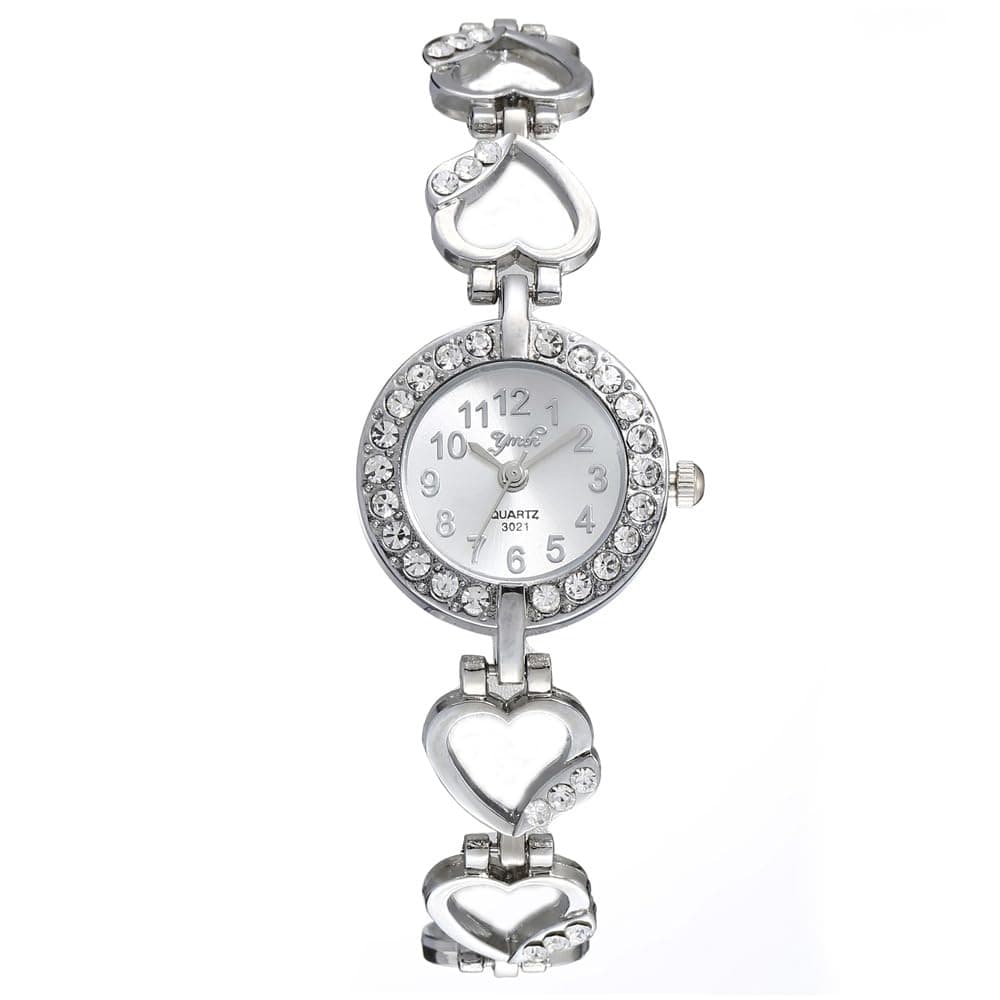 Women Alloy Diamond Encrusted Watch Heart Shaped Band Dress Watches Quartz Wristwatches Female