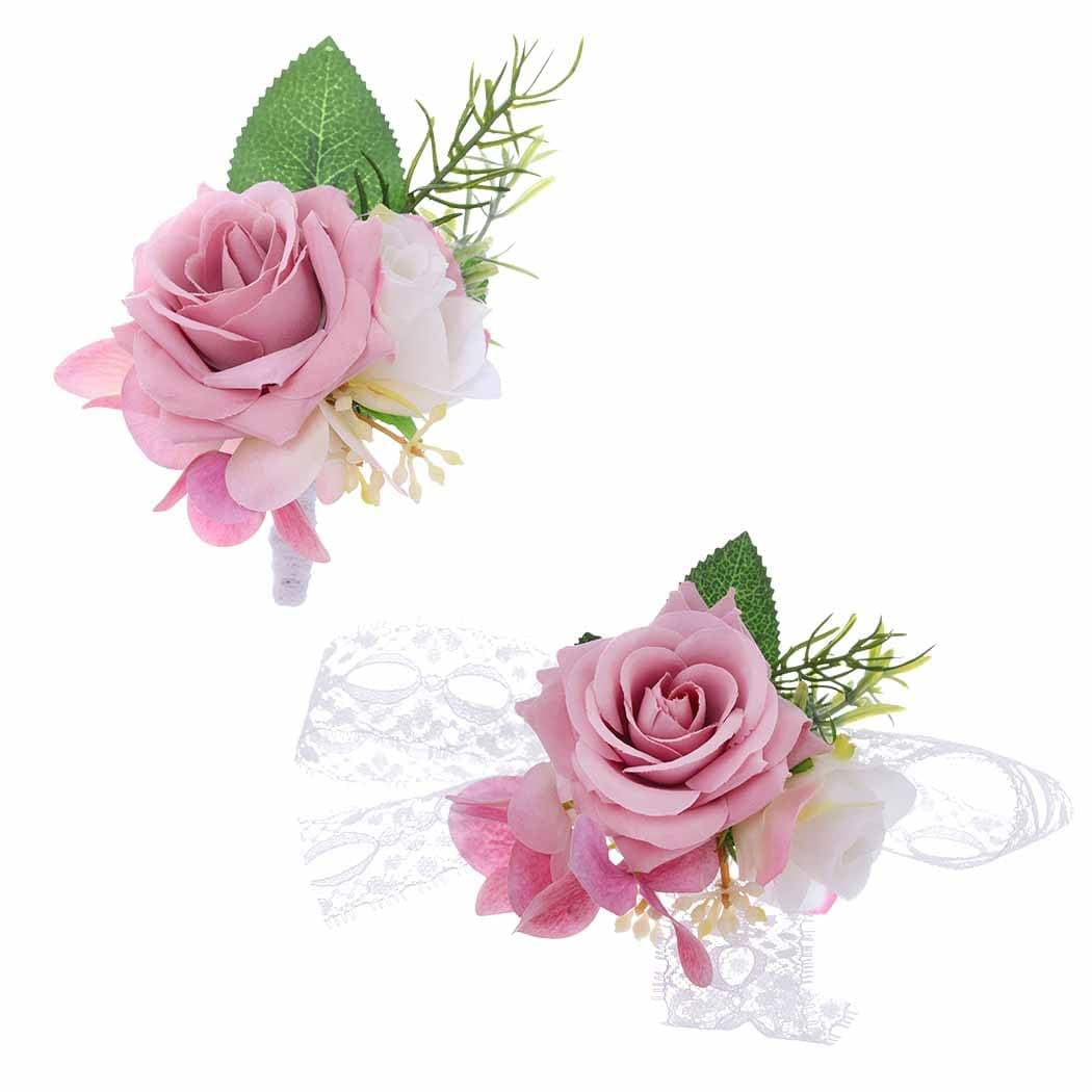 Campsis Corsage Boutonniere Set Pink Corsage for Women Prom Flower Wrist Corsage Boutonniere for Men Wedding Accessories for Party and Evening(2 PCS)