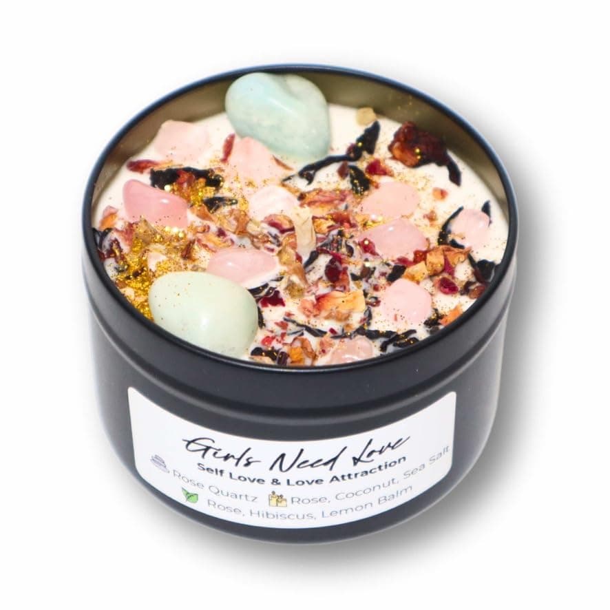 BlkGrlMagick Rose Quartz Self Love Manifestation Crystal Candle, Sea Salt and Orchid Scented Amazonite,Rose Petals, Hibiscus, Organic Soy Candles, Handmade, Black Owned Spiritual Gifts (4oz Tin)