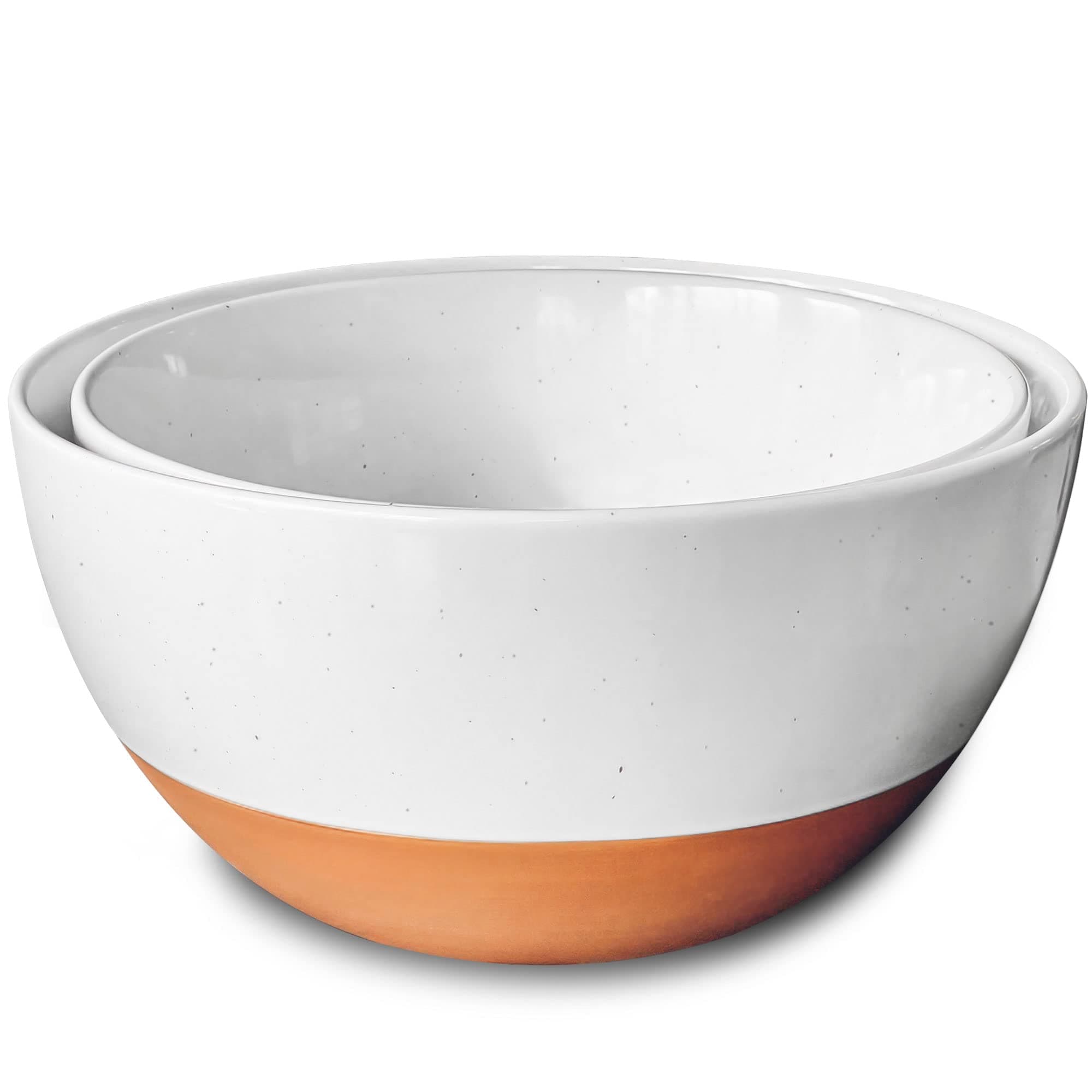 Mora Ceramic Large Mixing Bowls - Set of 2 Nesting Bowls for Cooking, Serving, Popcorn, Salad etc - Microwavable Kitchen Stoneware, Oven, Microwave and Dishwasher Safe - Extra Big 5.5 & 3.6 Qt - White