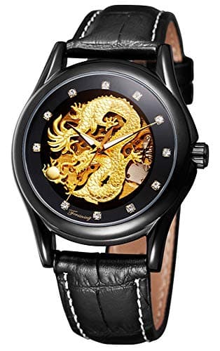 carlienMen's Dragon Collection Limited Luxury Carved Dial Golden Mechanical Waterproof Wrist Watch (Black)