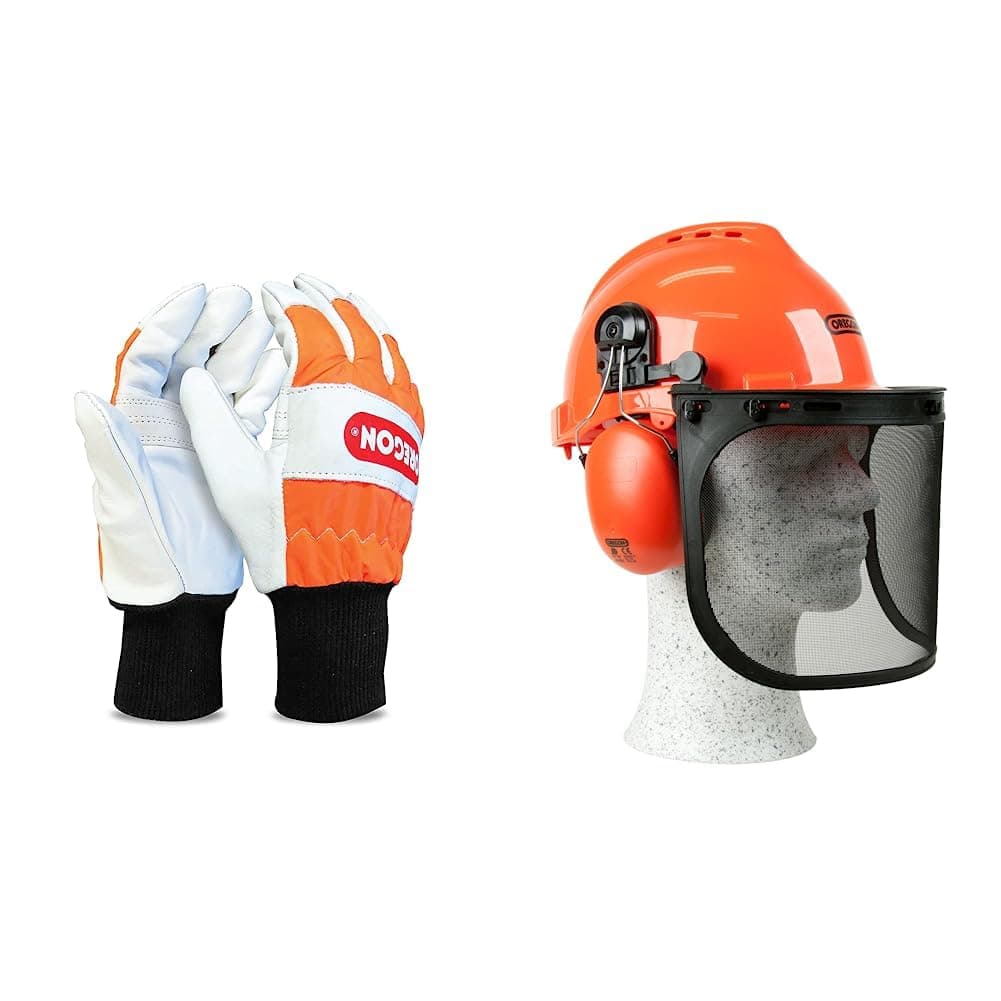 Oregon Chainsaw Gloves, Left-Hand Protection, PPE Clothing, Orange – Large (Size 10) (91305L) & Yukon Chainsaw Safety Helmet with Protective Ear Muff and Mesh Visor (562412), Black