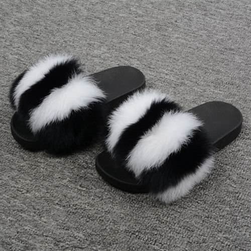 Genuine Fur Sandals Nice Outfit Women Flip Flops Pom Poms Puffs Black and white strip furry