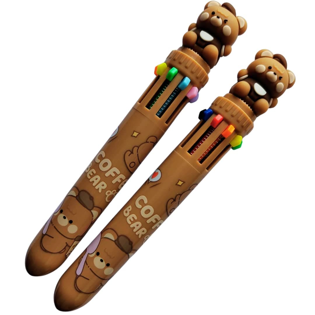 ITSIN. 10 in 1 Pen Pack of 2 Coffee Bear Pens | Cute Fancy Fine Point Pen for Office Stationary School Supplies Birthday Party Favor Return Gift-Gift Packing(Brown)