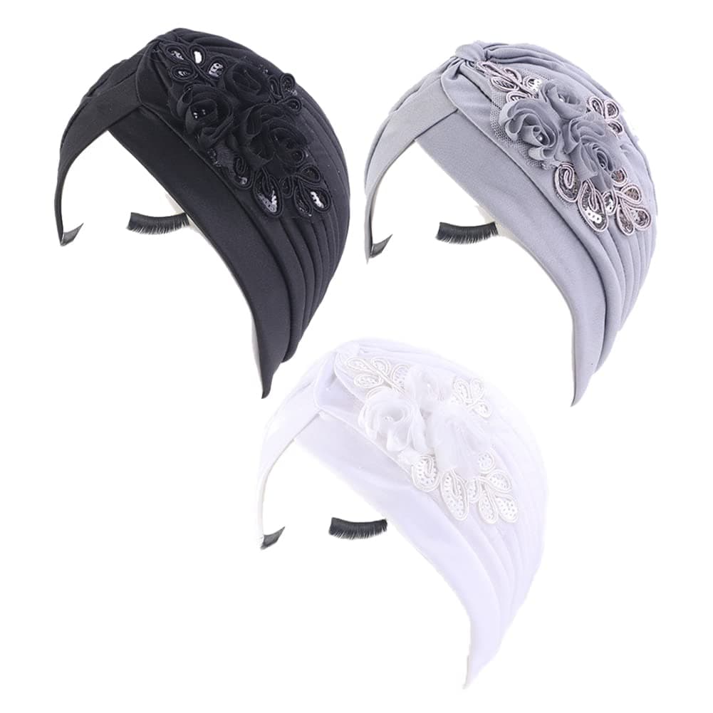 3PCS Turbans for Women Sequins Flower Turban Head Wrap Headwear Pleated Beanie Cap Hair Loss Hat