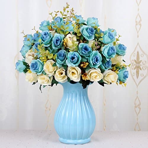 Mesmj Artificial Flowers Silk Cloth Plastic Wedding bouquets decorated dining table Ceramic Vases,Blue light pink roses