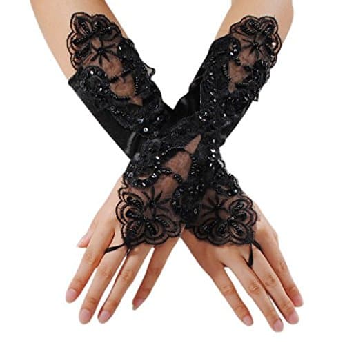 Edith qi Fingerless Pearls Lace Satin Bridal Gloves for Wedding Party Costume