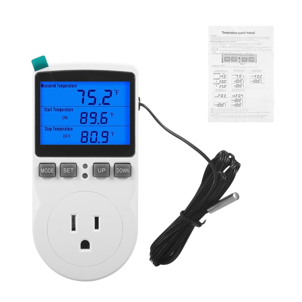 Digital Temperature Controller Outlet Socket, LCD Screen Heating Cooling Thermostat Controller 120V, 15A, ℉/℃ Thermostat Plug for Incubator Greenhouse Brewing Terrarium