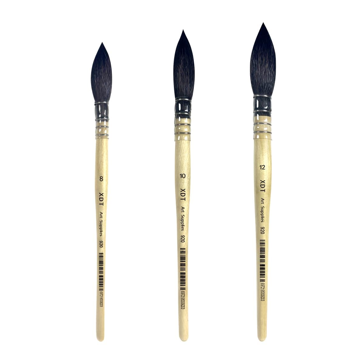 XDT#920 Round Watercolor Artist Paint Brush 3 Piece Set Medium Soft Black Goat Hair Long Handle #8#10#12, Mop Style Paint Brush for Watercolor & Acrylic & Oil