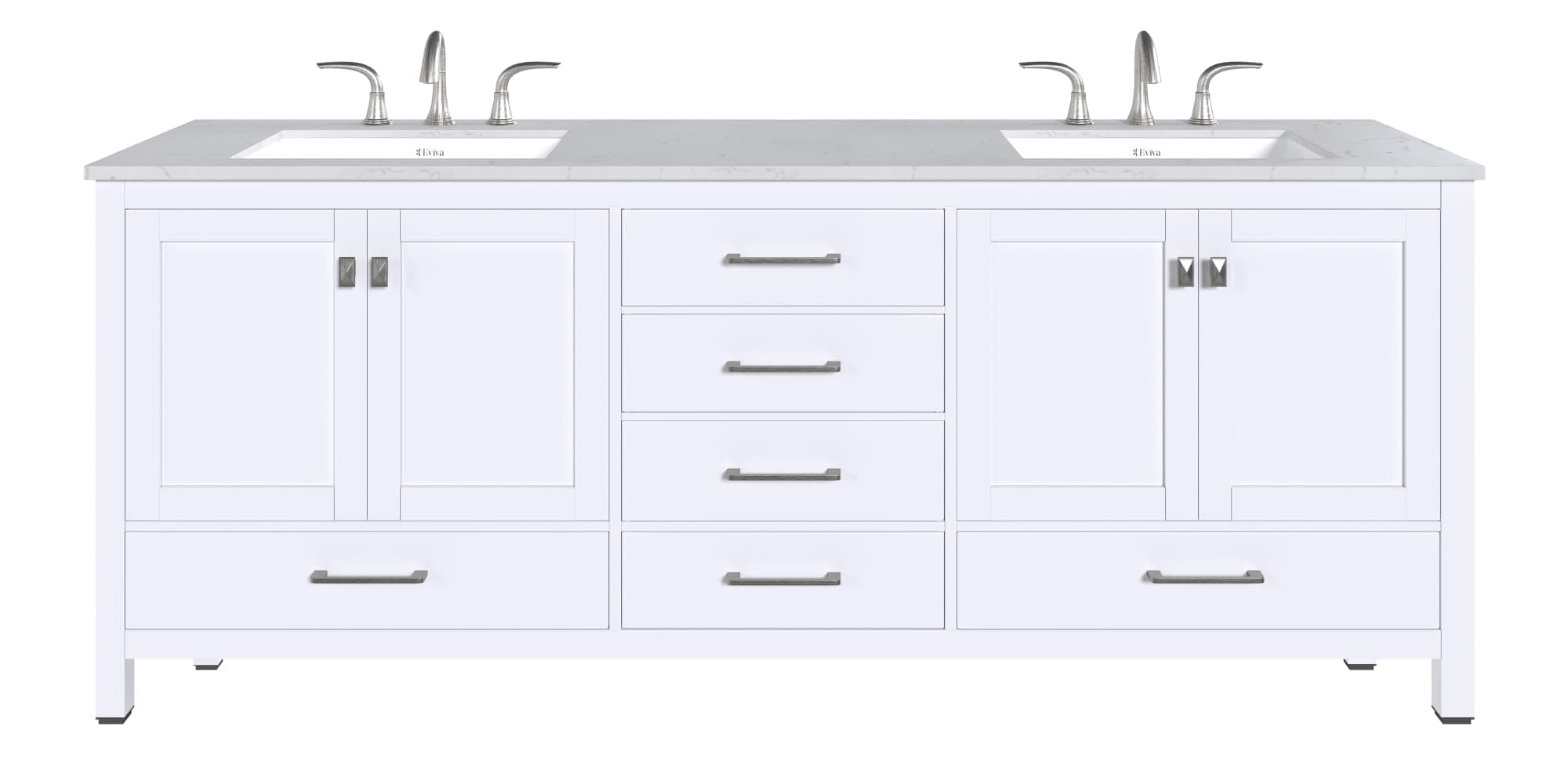 Eviva Aberdeen 84 Inch Bathroom Vanity with Double Sink | Transitional White Bathroom Vanity | White Carrara Quartz Counter Top | Bathroom Vanity with Lots of Storage