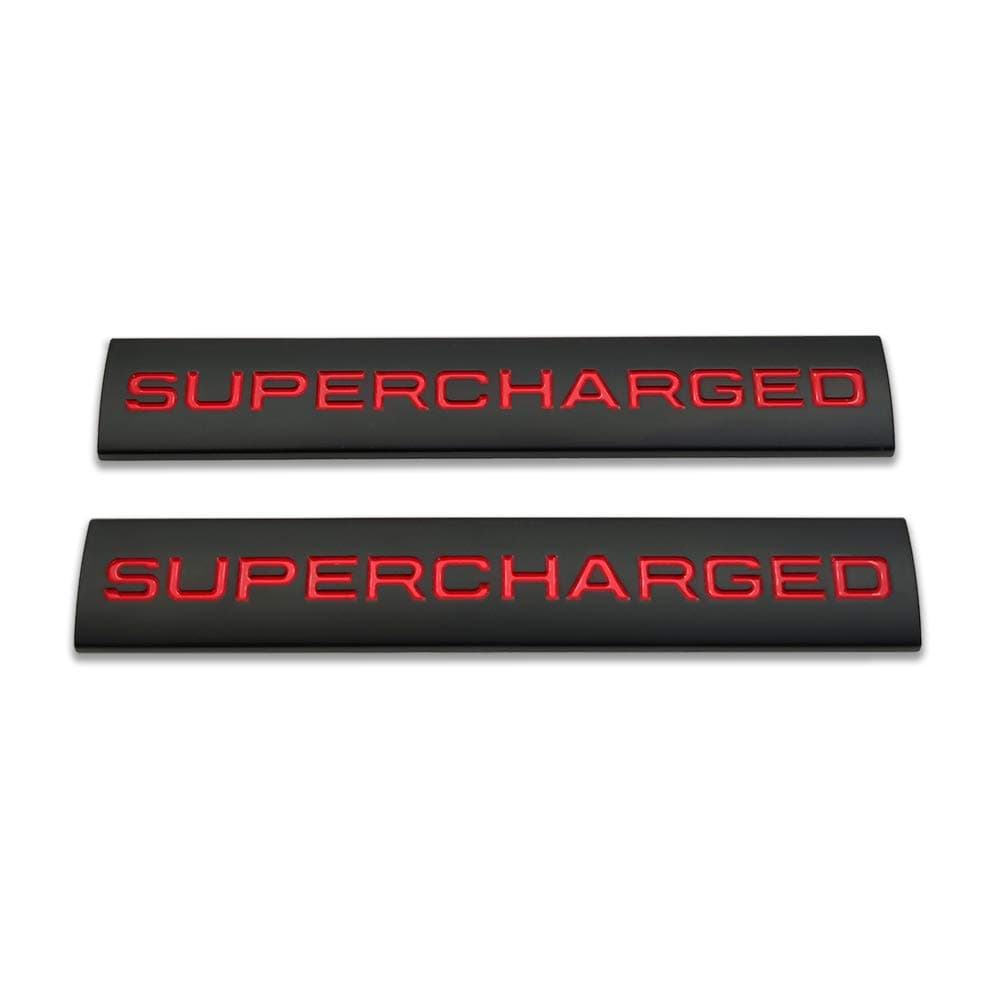 2X Metal Supercharged Logo Car Emblem Premium Auto Badge Rear Trunk Sticker Side Fender Decal (Black&Red)