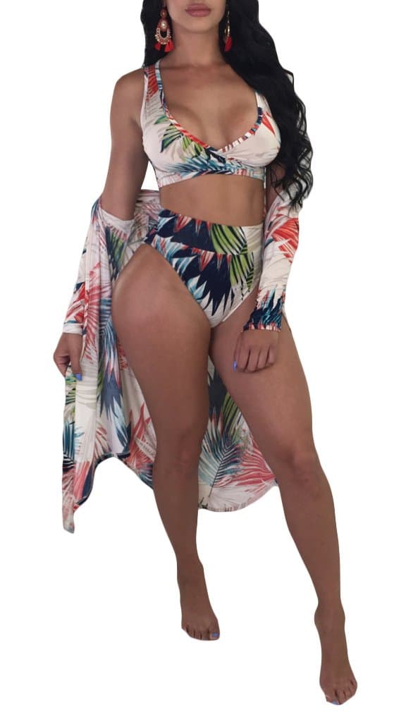 Aleng Women's Sexy Three Pieces Tops Bottoms and Floral Cover up Summer Beach Bikini Set Swimsuit Pink X-Large