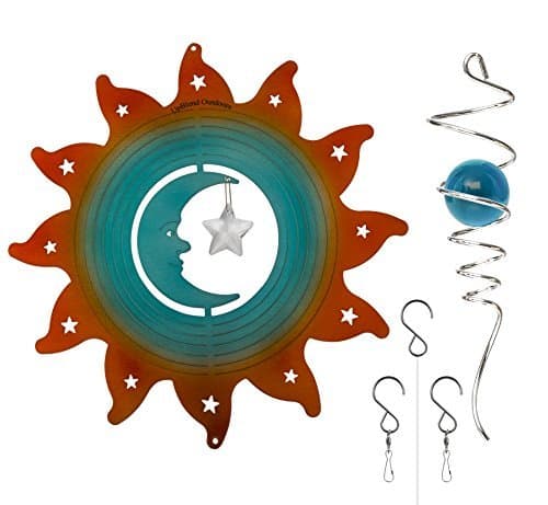Metal Wind Spinner - MoonBlue - Mesmerizing 3D Hanging Spinner with Helix Spiral Tail and Glass Ball - All Swivels and Hooks are Included - Kinetic Whirligig Garden Sculpture for Patio Deck or Yard