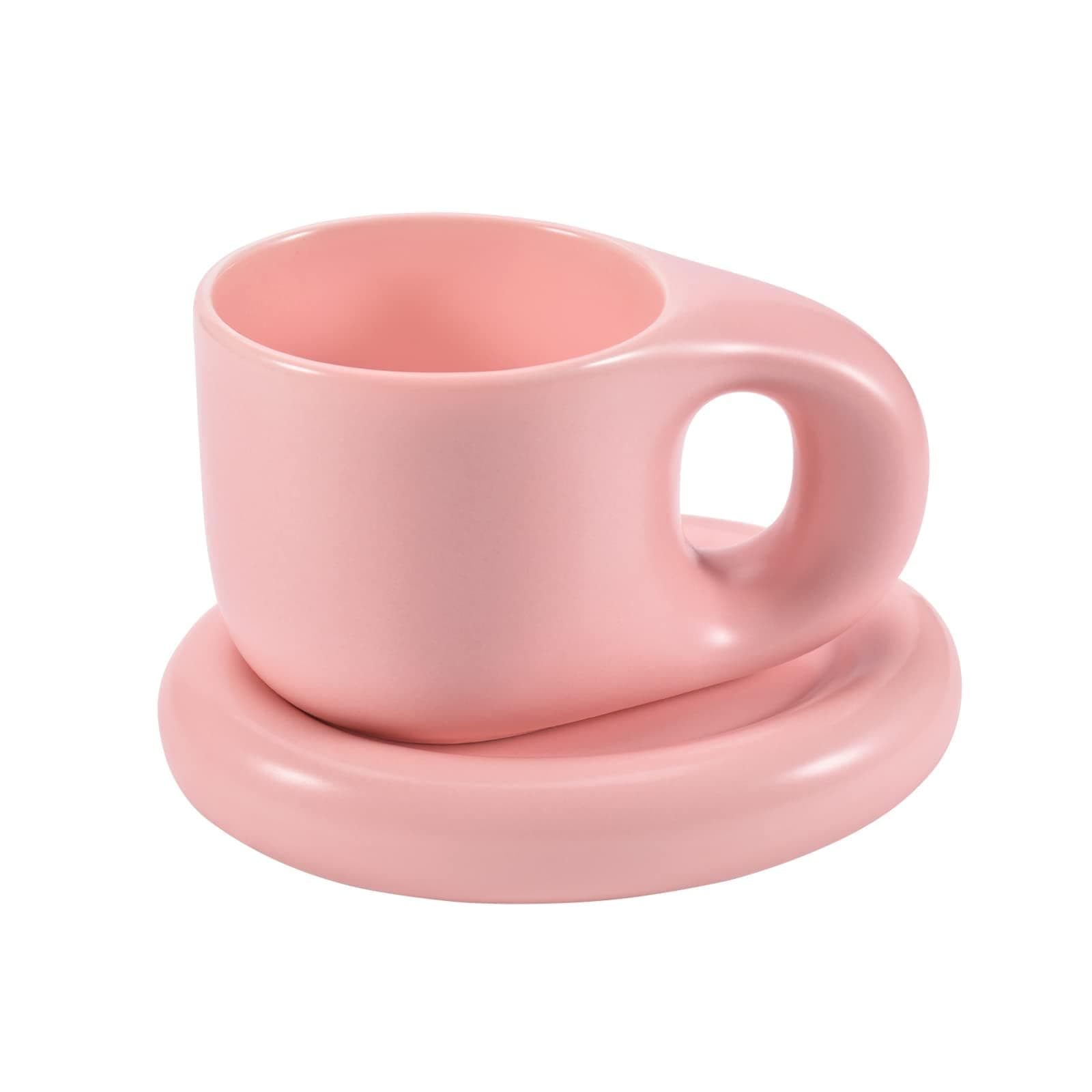 Koythin Ceramic Coffee Chubby Mug Saucer Set, Creative Cute Fat Handle Cup with Saucer for Office and Home, Dishwasher and Microwave Safe, 10 oz for Latte Tea Milk (Pink)