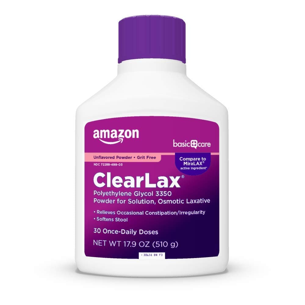 Amazon Basic Care ClearLax, Polyethylene Glycol 3350 Powder for Solution, Osmotic Laxative, Unflavored, 1.11 pound (Pack of 1)
