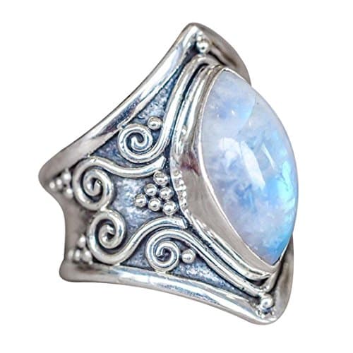 Muranba Boho Jewelry Silver Natural Gemstone Marquise Moonstone Personalized Ring (Sliver, 9)