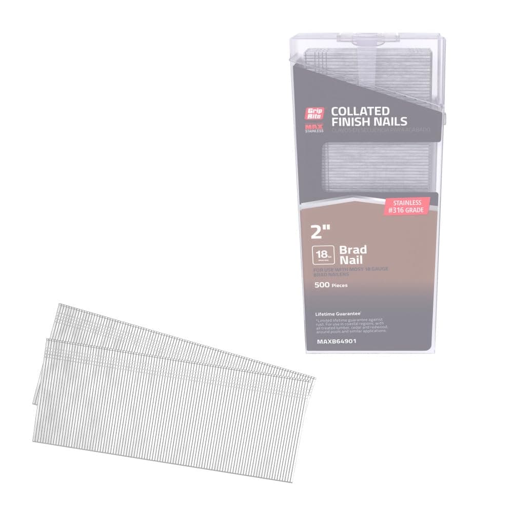 Grip Rite Prime Guard MAXB64901 2-inch 316 Stainless Steel 18-gauge Brad Nail, 500 per Belt Clip